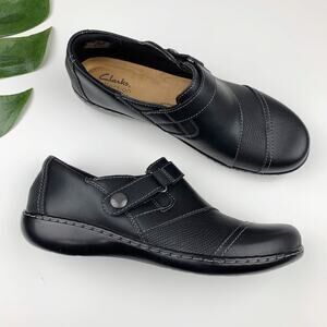 Clarks Ashland Gem Slip On Comfort Shoes Black Leather Loafers Women's 9.5